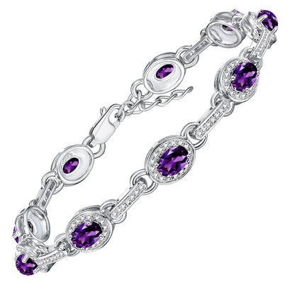 RYLOS Tennis Bracelet with Gemstones & Diamond Halo Sterling Silver 925  - Adjustable 7-8" Wrist, 9 Stunning 6x4MM Birthstone Jewelry for Women - Perfect for Friendship and Elegance."