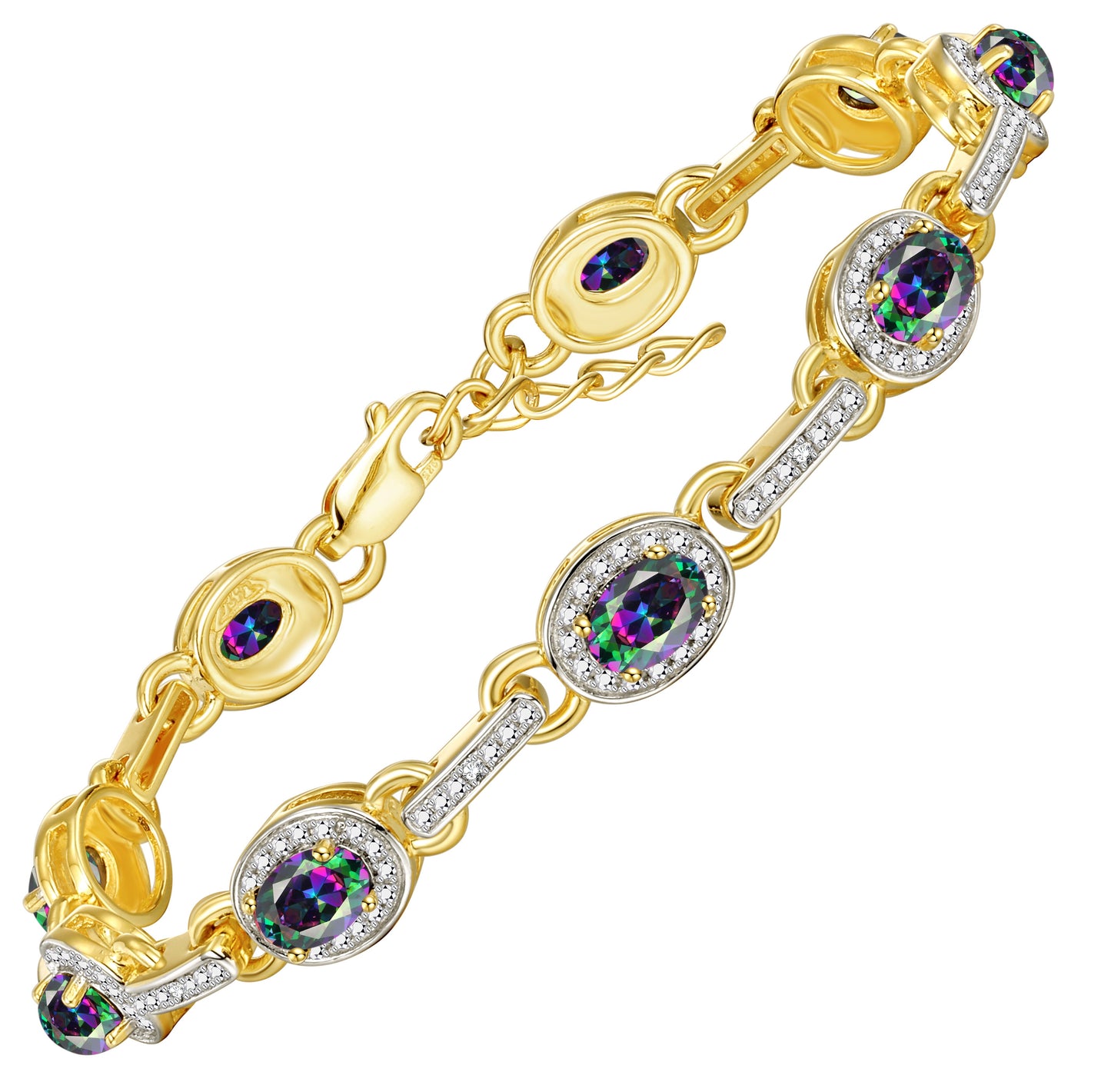 RYLOS Tennis Bracelet with Gemstones & Diamond Halo Yellow Gold Plated Silver 925  - Adjustable 7-8" Wrist, 9 Stunning 6x4MM Birthstone Jewelry for Women - Perfect for Friendship and Elegance."