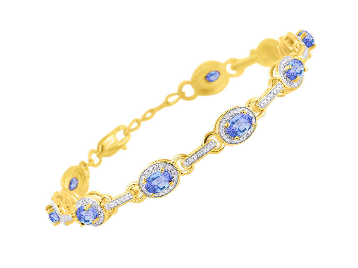 RYLOS Tennis Bracelet with Gemstones & Diamond Halo Yellow Gold Plated Silver 925  - Adjustable 7-8" Wrist, 9 Stunning 6x4MM Birthstone Jewelry for Women - Perfect for Friendship and Elegance."