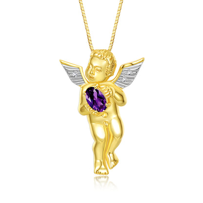 Rylos Guardian Angel Necklace with 6X4MM Gemstone & Diamonds on 18 inch Chain -Yellow Gold Plated Silver Birthstone Pendant
