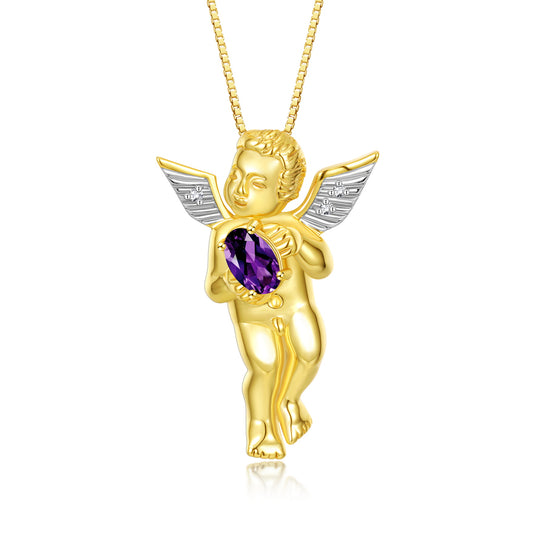 Rylos Guardian Angel Necklace with 6X4MM Gemstone & Diamonds on 18" Chain -Yellow Gold Plated Silver Birthstone Pendant
