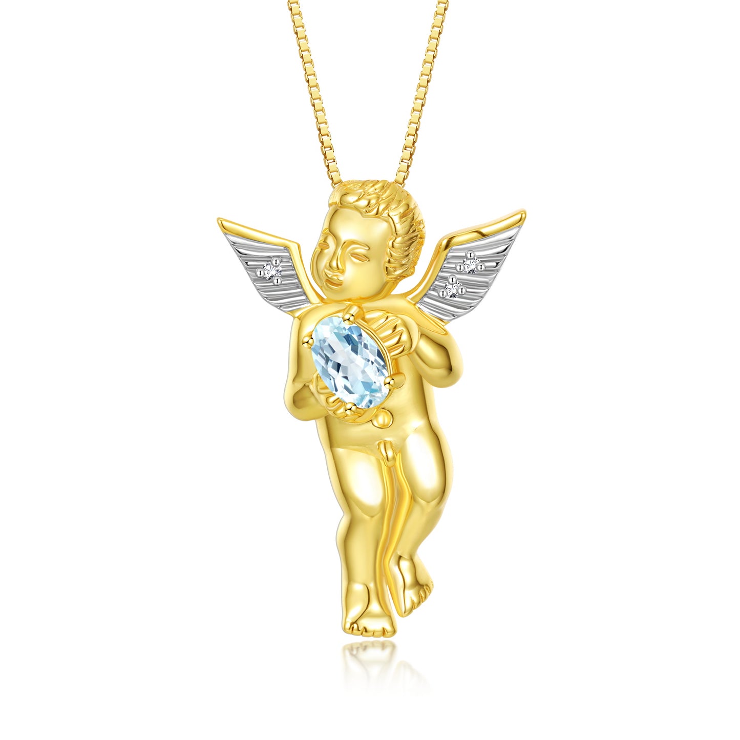 Rylos 14K Yellow Gold Guardian Angel Necklace with 6X4MM Gemstone & Diamonds on 18" Chain - Birthstone