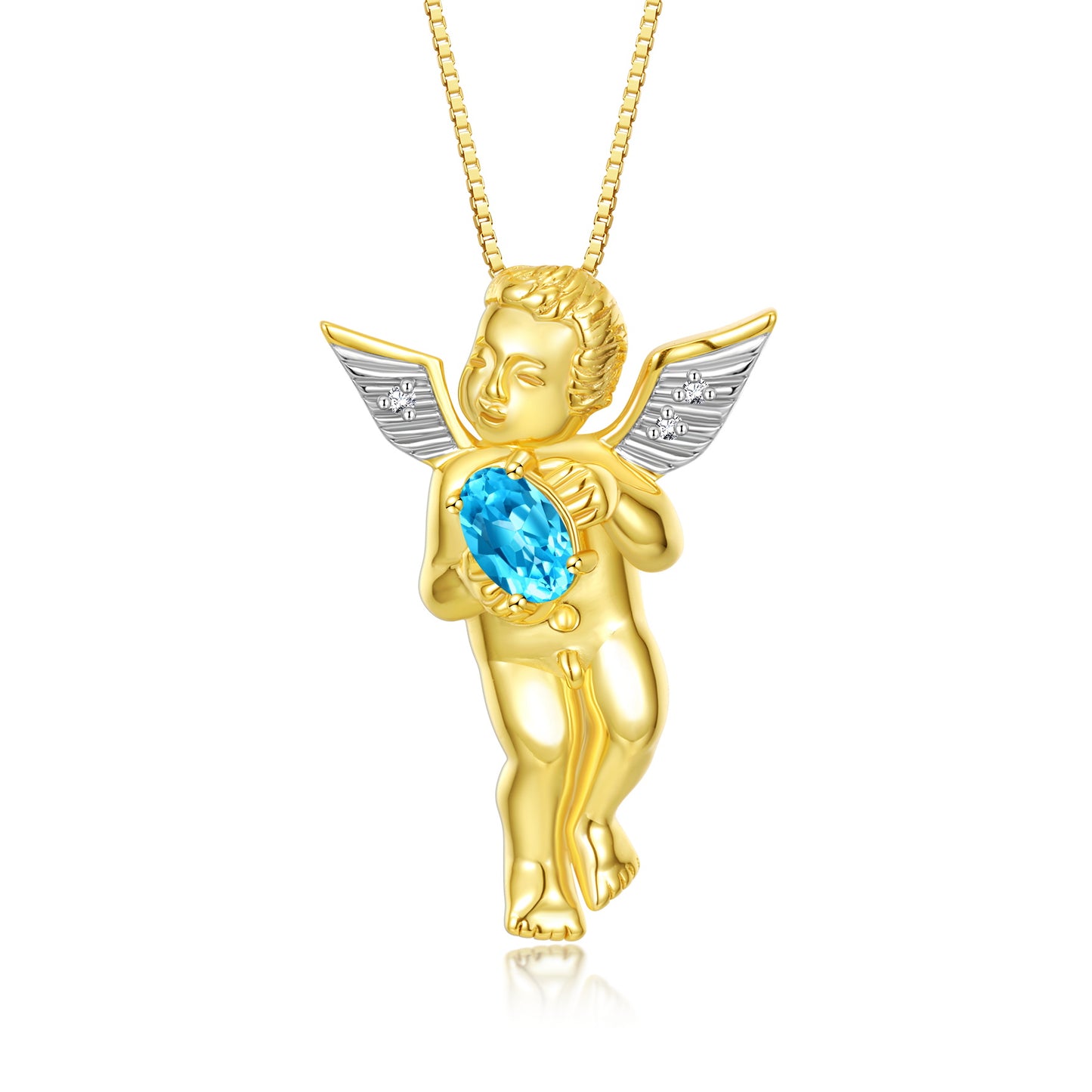 Rylos Guardian Angel Necklace with 6X4MM Gemstone & Diamonds on 18 inch Chain -Yellow Gold Plated Silver Birthstone Pendant