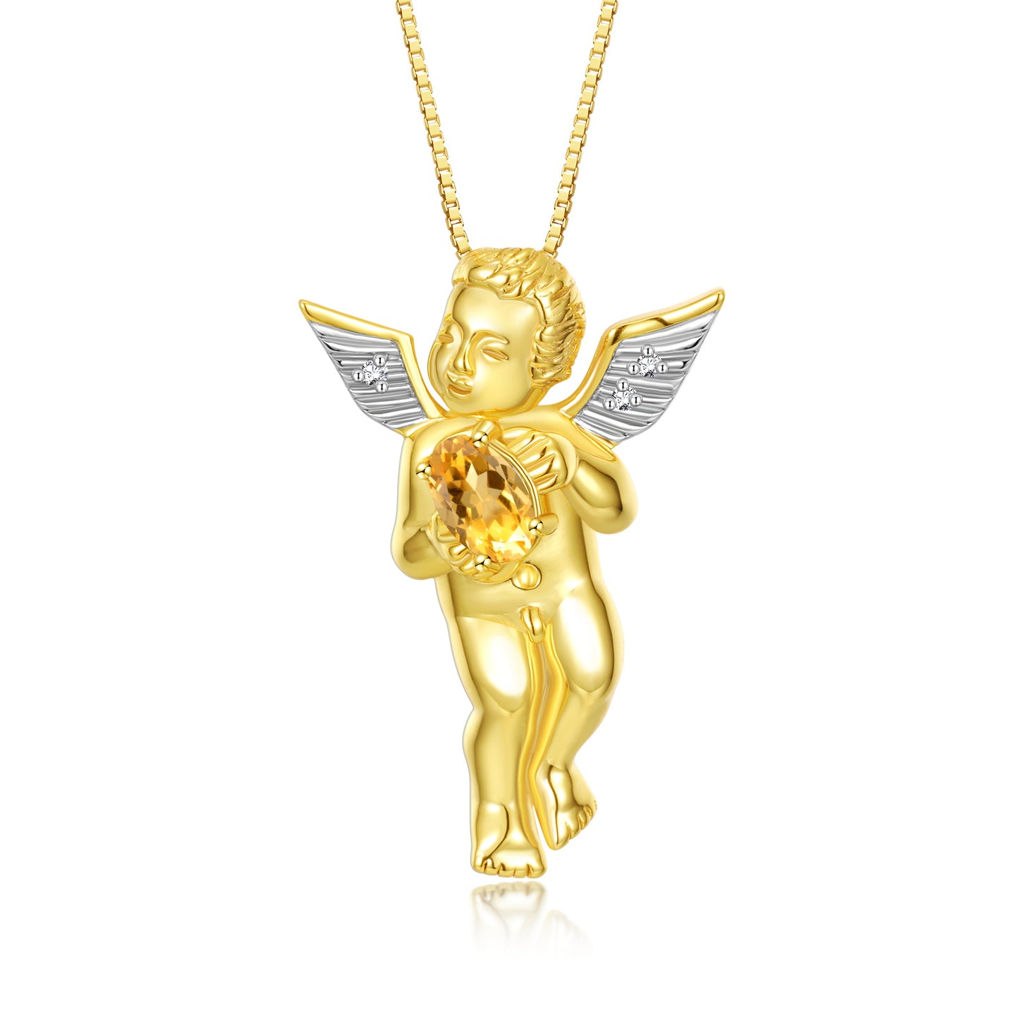 Rylos Guardian Angel Necklace with 6X4MM Gemstone & Diamonds on 18 inch Chain -Yellow Gold Plated Silver Birthstone Pendant