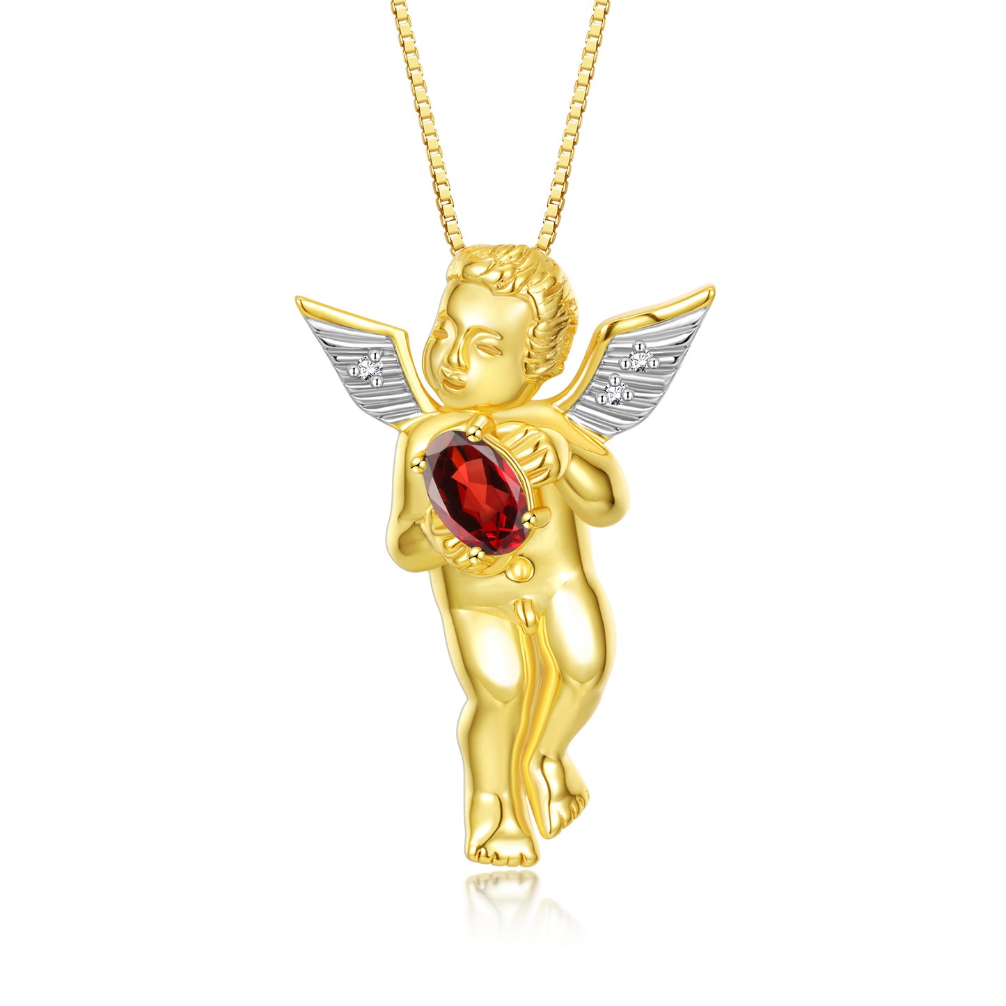 Rylos Guardian Angel Necklace with 6X4MM Gemstone & Diamonds on 18 inch Chain -Yellow Gold Plated Silver Birthstone Pendant