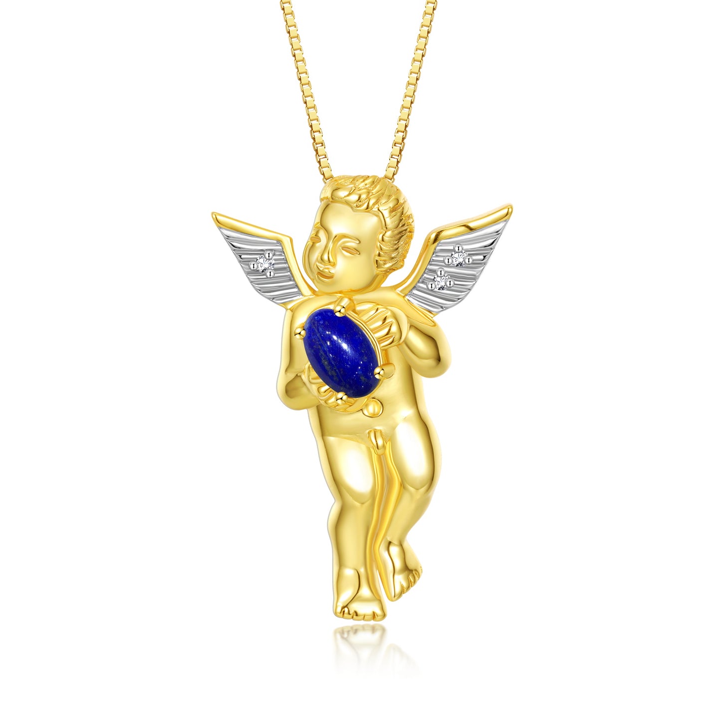 Rylos Guardian Angel Necklace with 6X4MM Gemstone & Diamonds on 18 inch Chain -Yellow Gold Plated Silver Birthstone Pendant