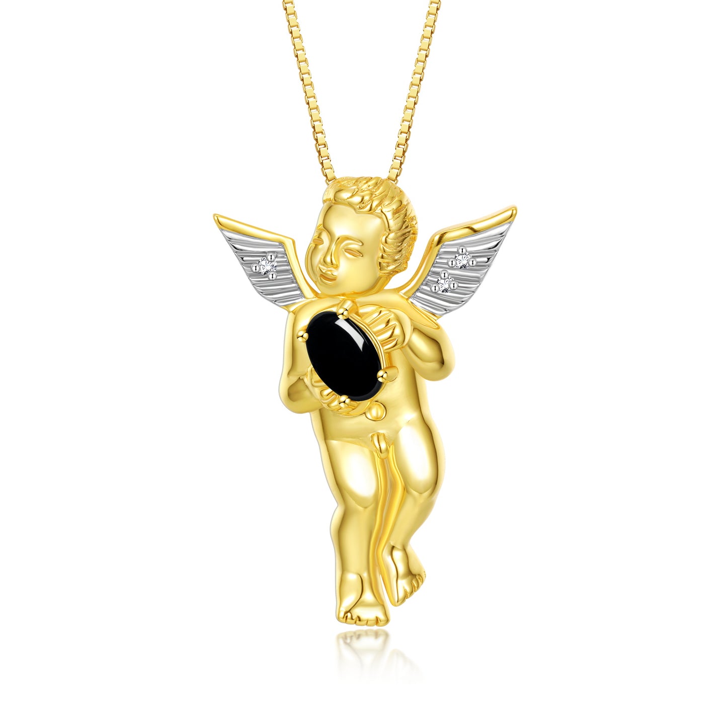 Rylos Guardian Angel Necklace with 6X4MM Gemstone & Diamonds on 18 inch Chain -Yellow Gold Plated Silver Birthstone Pendant