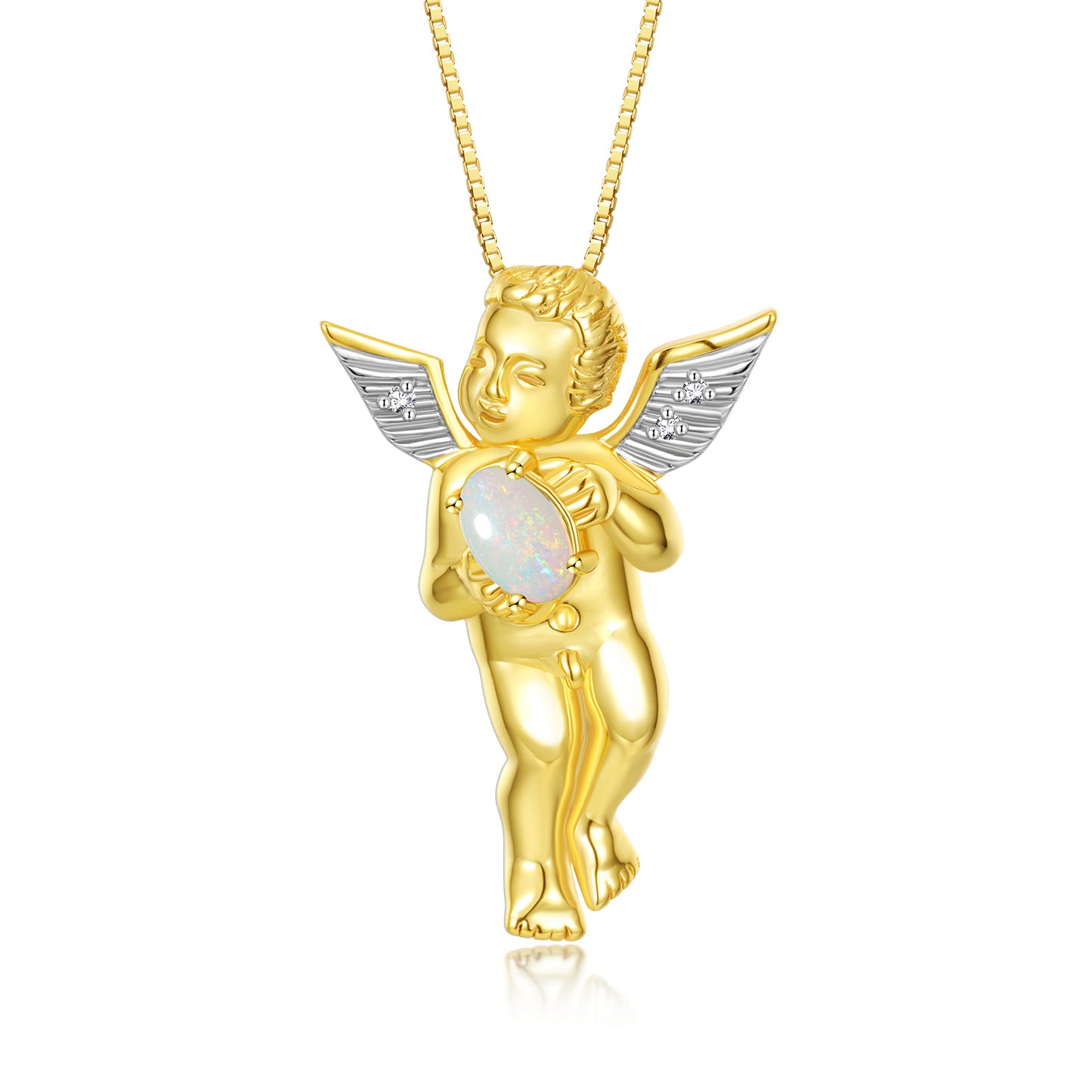 Rylos Guardian Angel Necklace with 6X4MM Gemstone & Diamonds on 18 inch Chain -Yellow Gold Plated Silver Birthstone Pendant