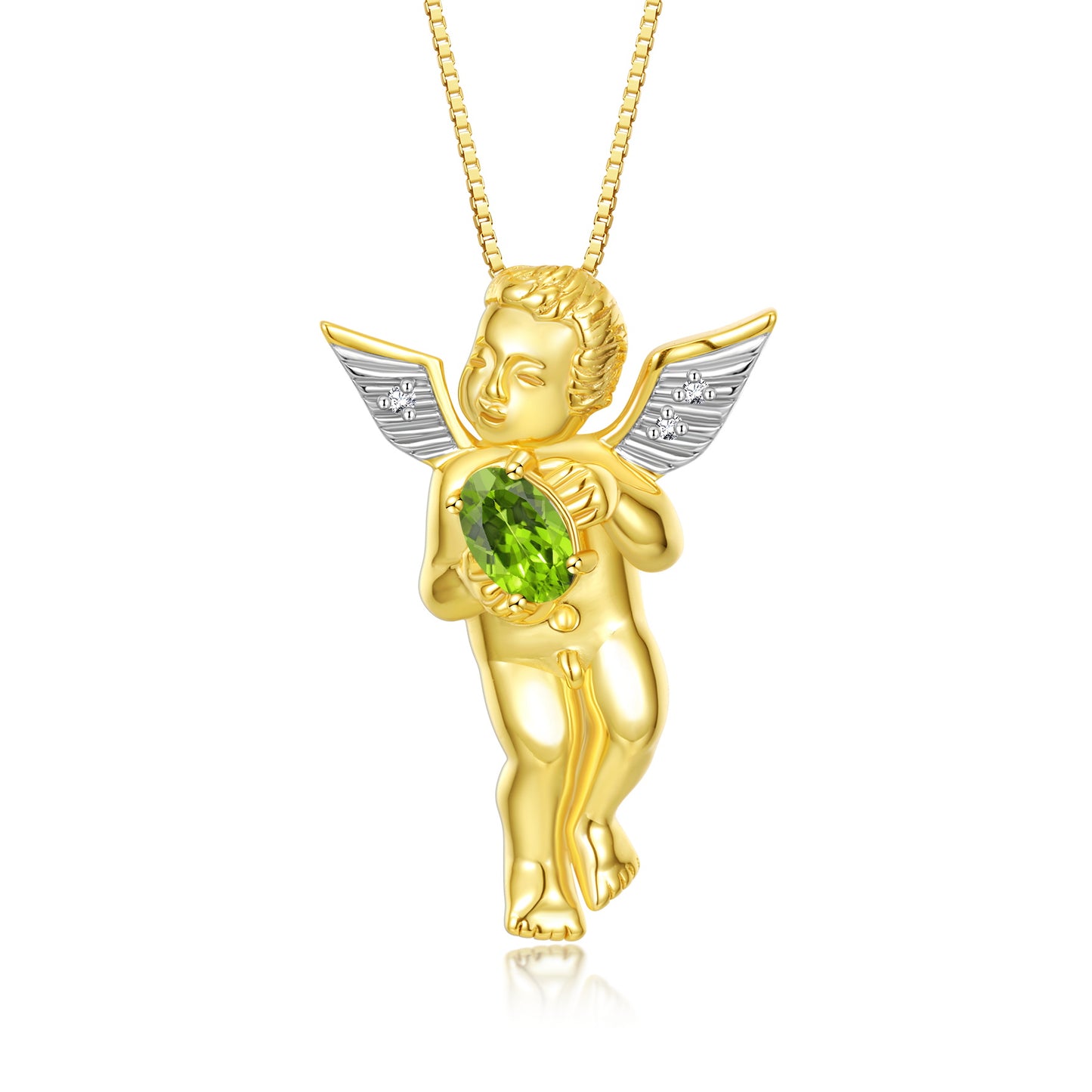 Rylos 14K Yellow Gold Guardian Angel Necklace with 6X4MM Gemstone & Diamonds on 18" Chain - Birthstone