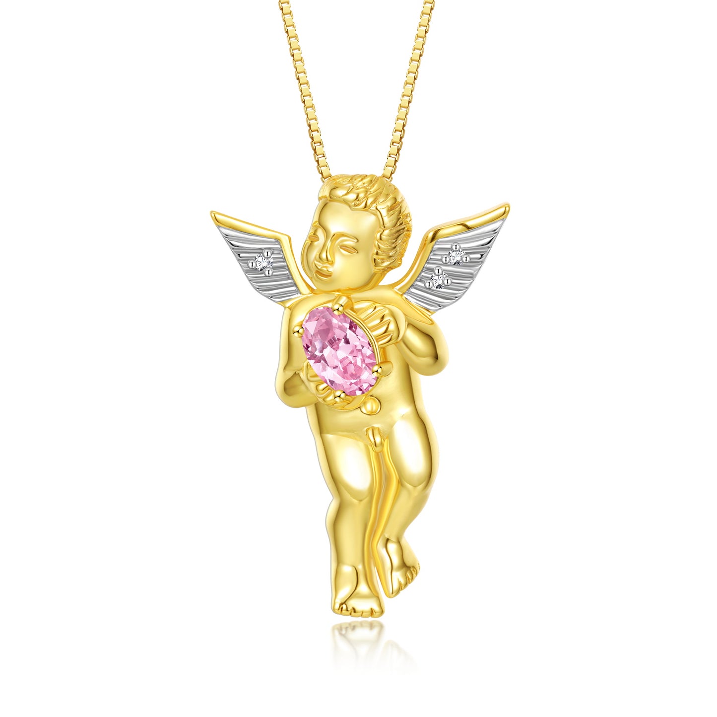 Rylos Guardian Angel Necklace with 6X4MM Gemstone & Diamonds on 18 inch Chain -Yellow Gold Plated Silver Birthstone Pendant