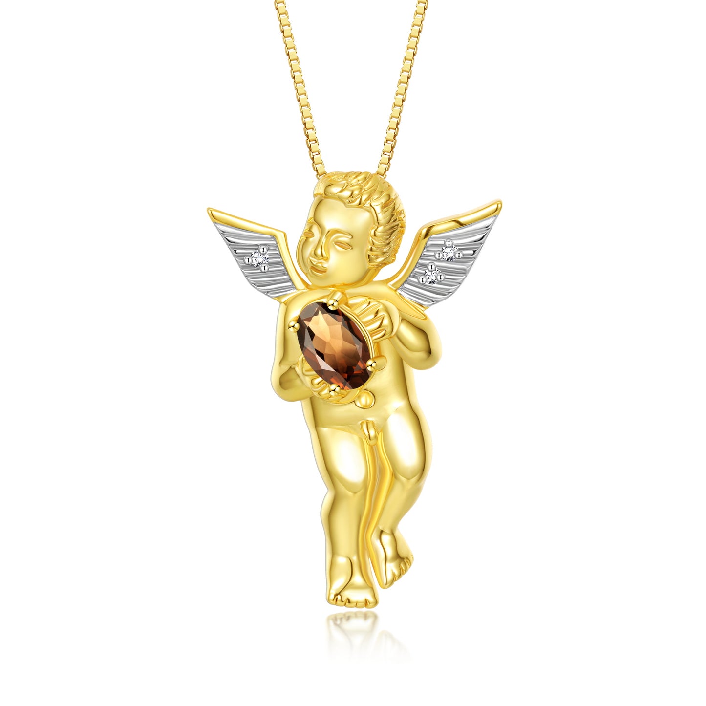 Rylos Guardian Angel Necklace with 6X4MM Gemstone & Diamonds on 18 inch Chain -Yellow Gold Plated Silver Birthstone Pendant