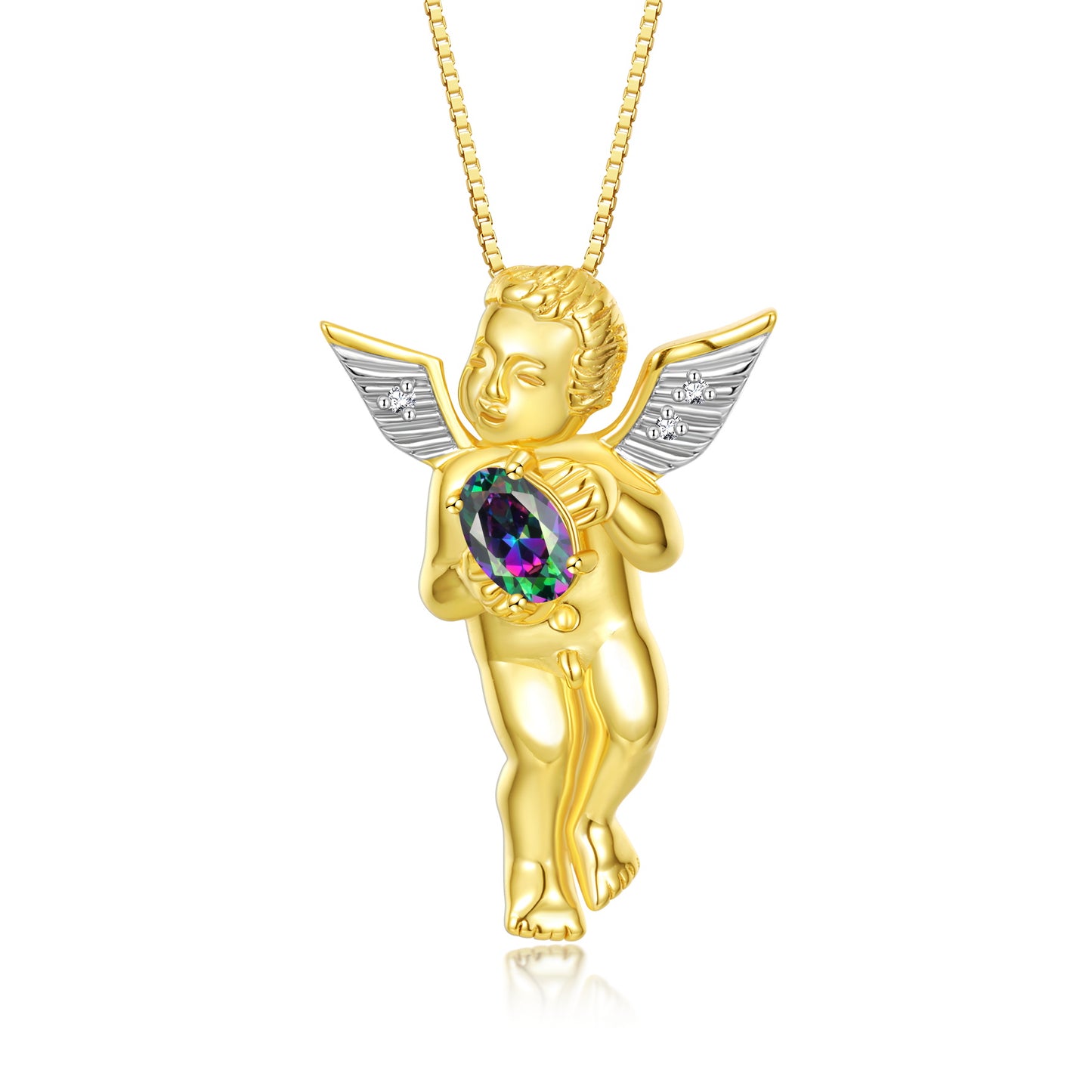 Rylos Guardian Angel Necklace with 6X4MM Gemstone & Diamonds on 18 inch Chain -Yellow Gold Plated Silver Birthstone Pendant
