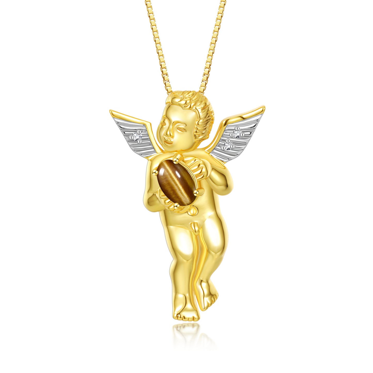 Rylos Guardian Angel Necklace with 6X4MM Gemstone & Diamonds on 18 inch Chain -Yellow Gold Plated Silver Birthstone Pendant