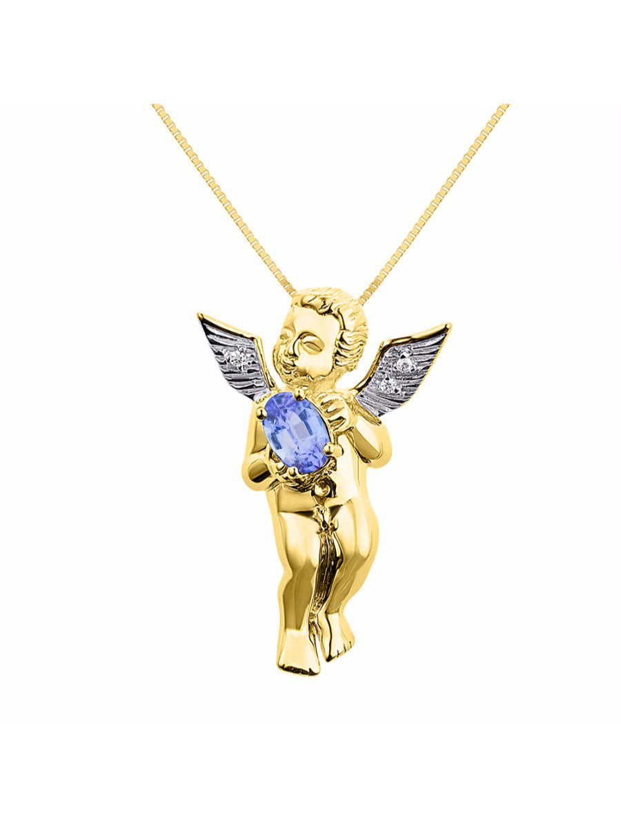 Rylos Guardian Angel Necklace with 6X4MM Gemstone & Diamonds on 18 inch Chain -Yellow Gold Plated Silver Birthstone Pendant