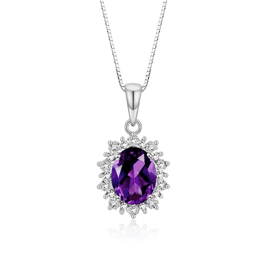 RYLOS 14K White Gold Princess Diana Inspired Necklace: Gemstone & Diamond Pendant, 18 Chain, 9X7MM Birthstone, Women's Jewelry