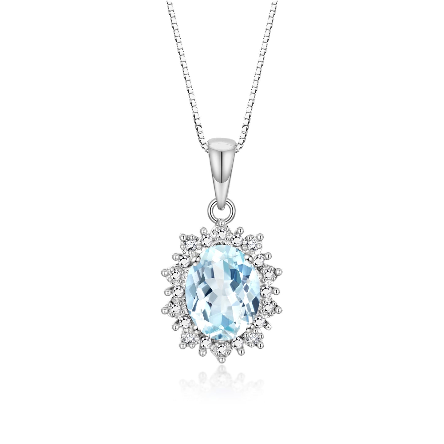 RYLOS 14K White Gold Princess Diana Inspired Necklace: Gemstone & Diamond Pendant, 18 Chain, 9X7MM Birthstone, Women's Jewelry