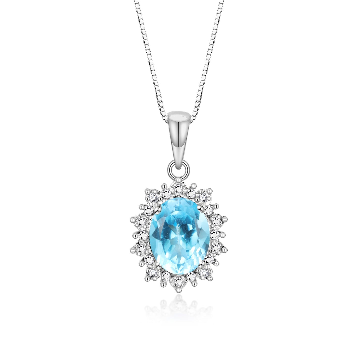 RYLOS 14K White Gold Princess Diana Inspired Necklace: Gemstone & Diamond Pendant, 18 Chain, 9X7MM Birthstone, Women's Jewelry