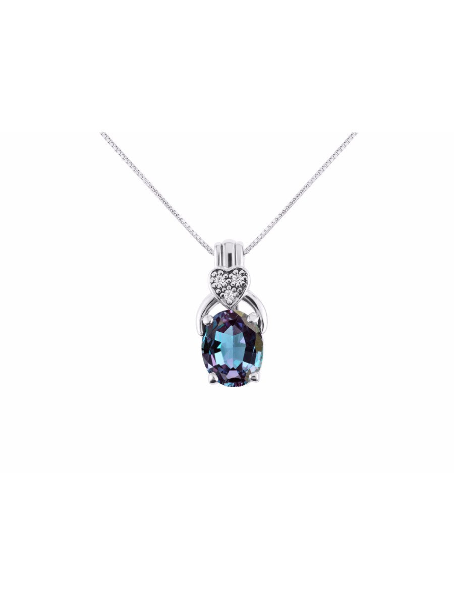 RYLOS Sterling Silver Classic Designer Necklace: Gemstone & Diamond Pendant, 18" Chain, 9X7MM Birthstone, Elegant Women's Jewelry