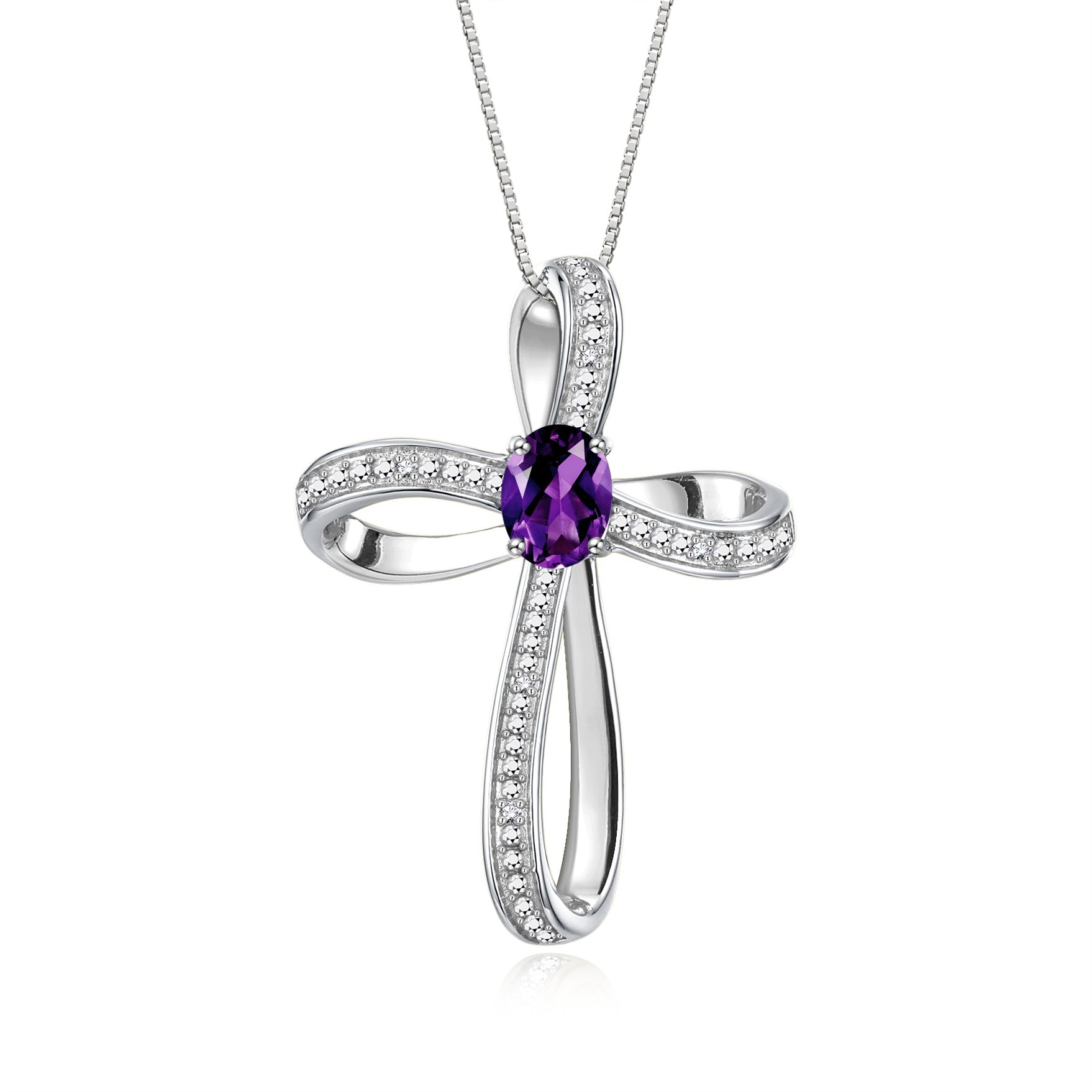 RYLOS 14K White Gold Cross Necklace:  Gemstone & Diamond Pendant, 18 Chain, 8X6MM Birthstone, Elegant Women's Jewelry