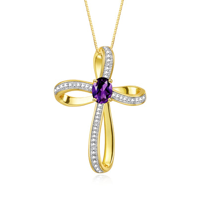 RYLOS Yellow Gold Plated Silver Cross Necklace: Gemstone & Diamond Pendant, 18 Chain, 8X6MM Birthstone, Elegant Women's Jewelry