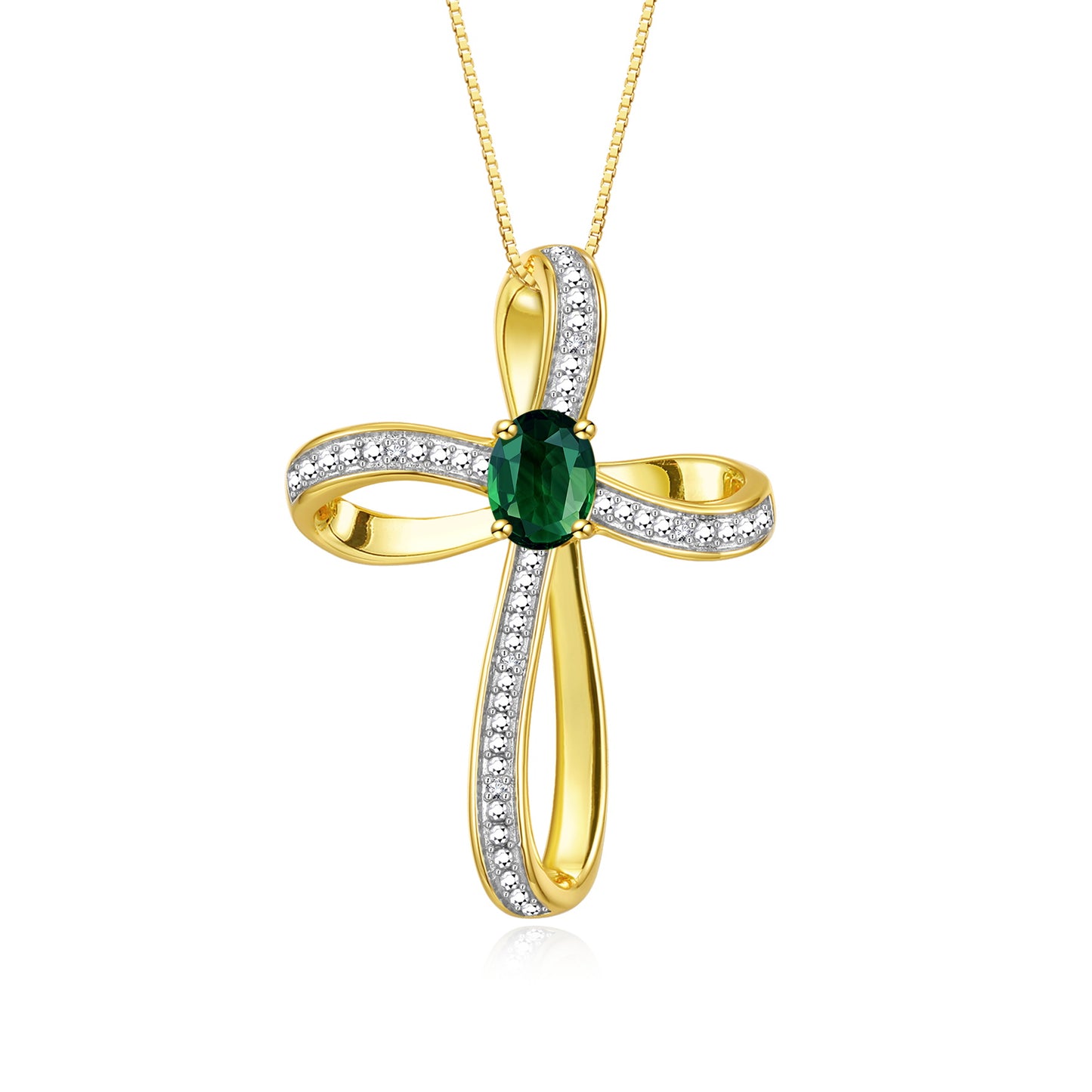 RYLOS Yellow Gold Plated Silver Cross Necklace: Gemstone & Diamond Pendant, 18 Chain, 8X6MM Birthstone, Elegant Women's Jewelry