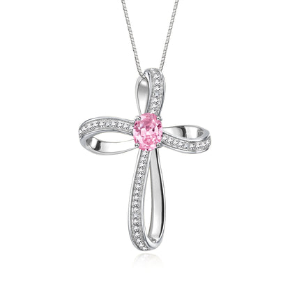 RYLOS 14K White Gold Cross Necklace:  Gemstone & Diamond Pendant, 18 Chain, 8X6MM Birthstone, Elegant Women's Jewelry