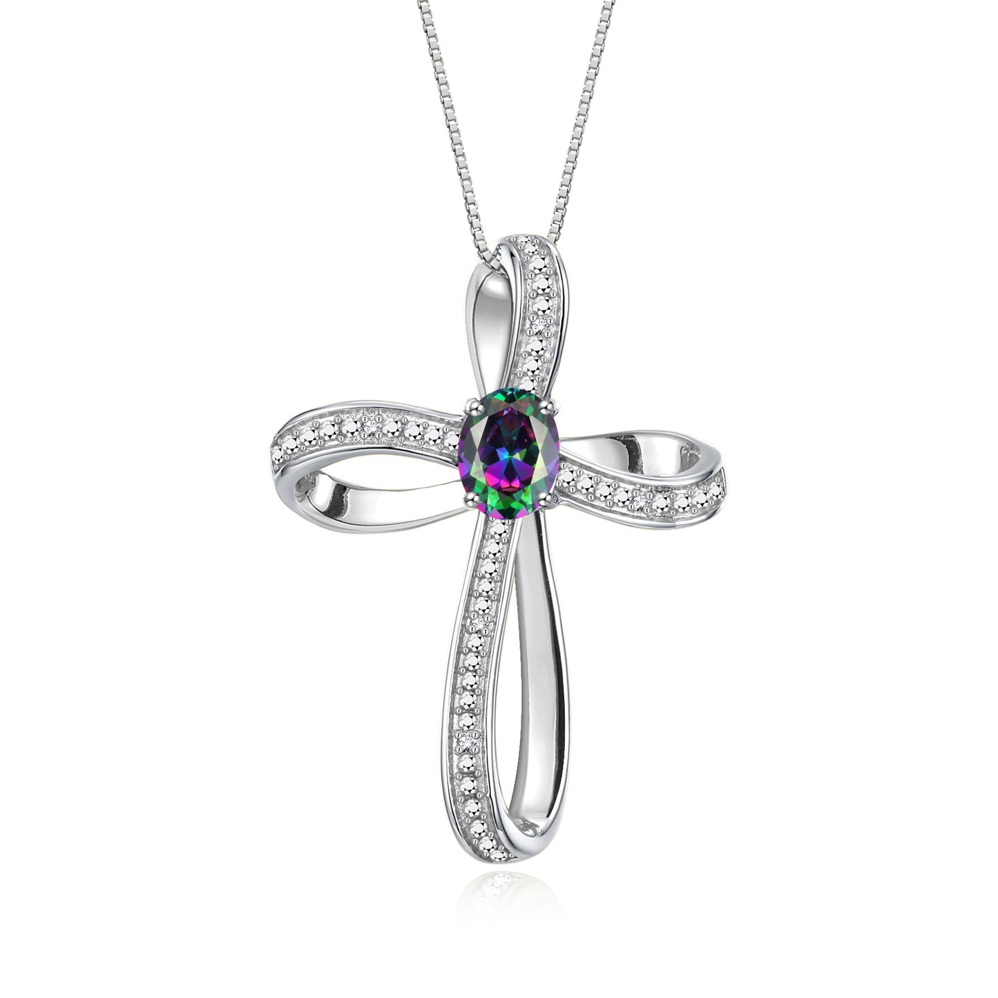 RYLOS 14K White Gold Cross Necklace:  Gemstone & Diamond Pendant, 18 Chain, 8X6MM Birthstone, Elegant Women's Jewelry