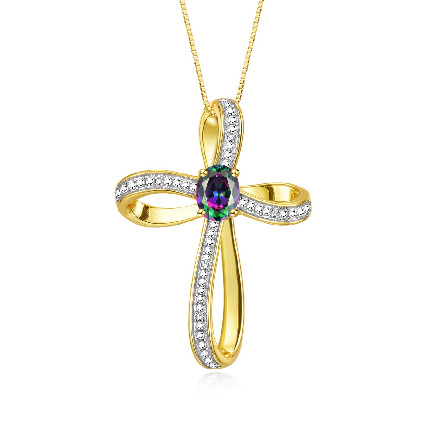 RYLOS 14K Yellow Gold Cross Necklace:  Gemstone & Diamond Pendant, 18 Chain, 8X6MM Birthstone, Elegant Women's Jewelry