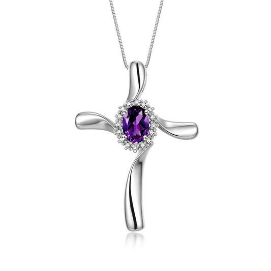 RYLOS 14K White Gold Cross Necklace: Gemstone & Diamond Pendant, 18" Chain, 7X5MM Birthstone, Elegant Women's Jewelry