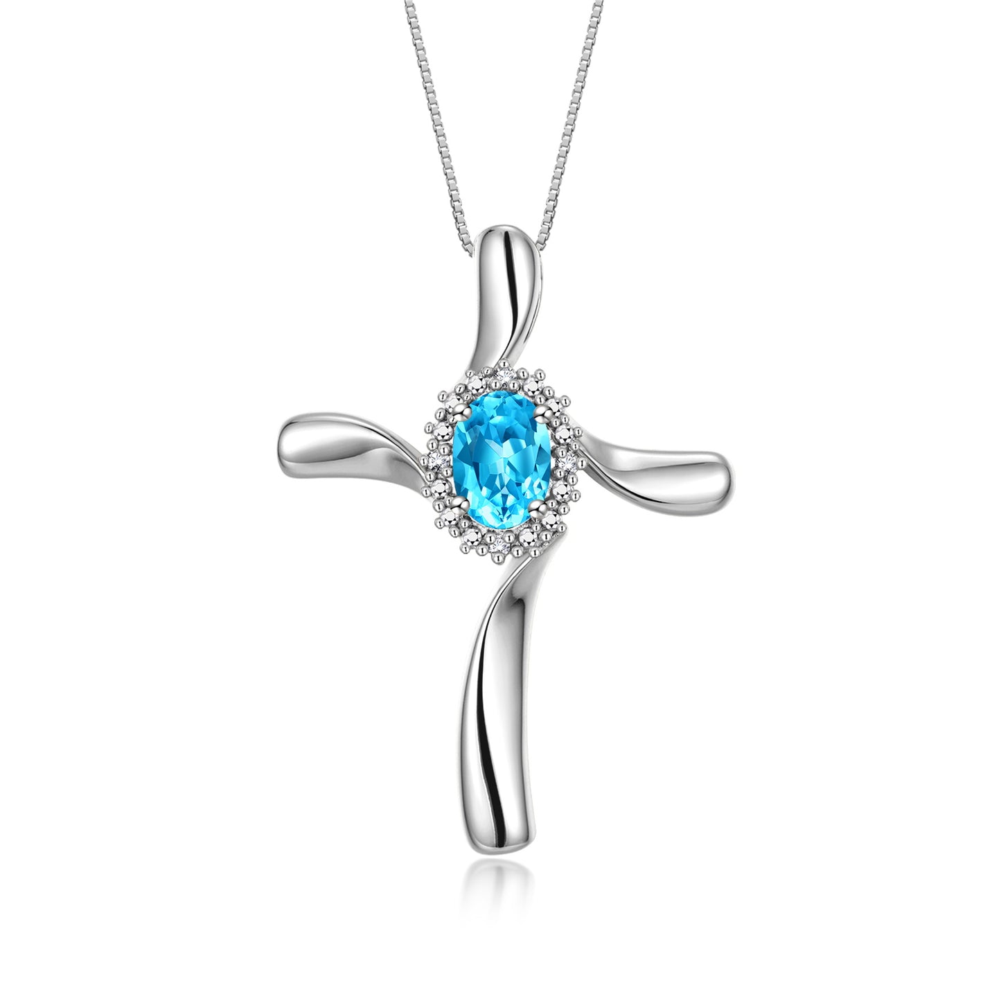RYLOS 14K White Gold Cross Necklace: Gemstone & Diamond Pendant, 18" Chain, 7X5MM Birthstone, Elegant Women's Jewelry
