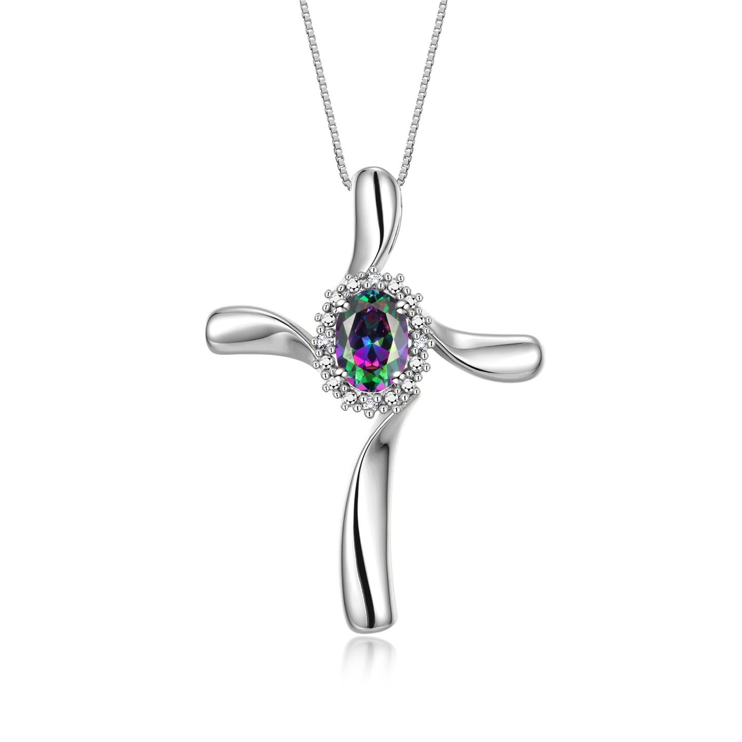 RYLOS 14K White Gold Cross Necklace: Gemstone & Diamond Pendant, 18" Chain, 7X5MM Birthstone, Elegant Women's Jewelry