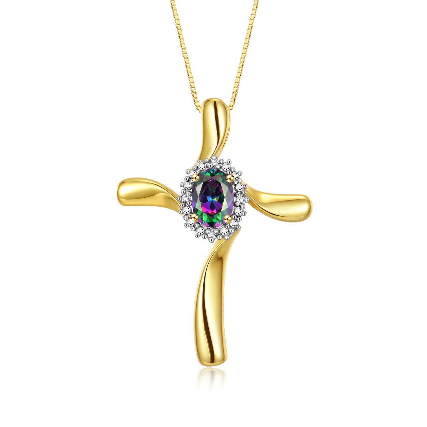 RYLOS Yellow Gold Plated Silver Cross Necklace: Gemstone & Diamond Pendant, 18" Chain, 7X5MM Birthstone, Elegant Women's Jewelry