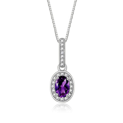 RYLOS 14K White Gold Halo Designer Necklace: Gemstone & Diamond Pendant, 18" Chain, 6X4MM Birthstone, Elegant Women's Jewelry