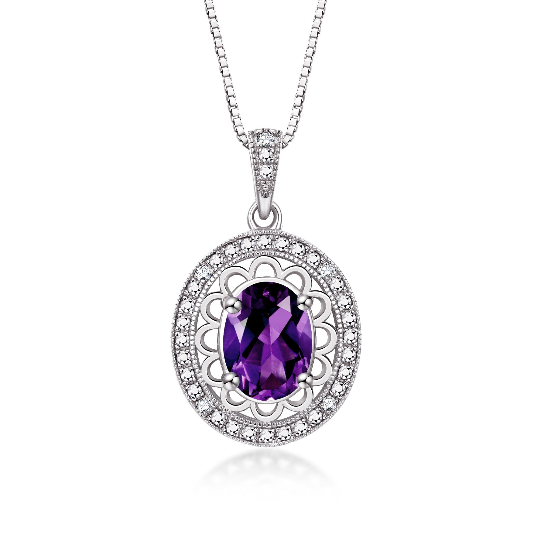 RYLOS Sterling Silver Halo Designer Necklace: Gemstone & Diamond Pendant, 18" Chain, 8X6MM Birthstone, Women's Elegant Jewelry