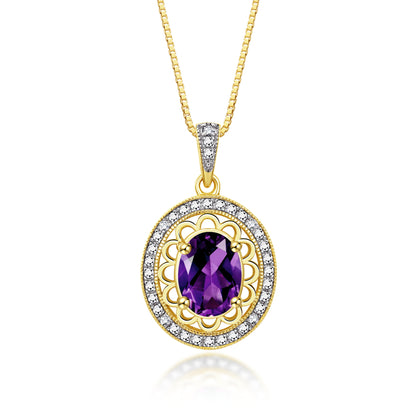 RYLOS Yellow Gold Plated Silver Halo Designer Necklace: Gemstone & Diamond Pendant, 18" Chain, 8X6MM Birthstone, Women's Elegant Jewelry