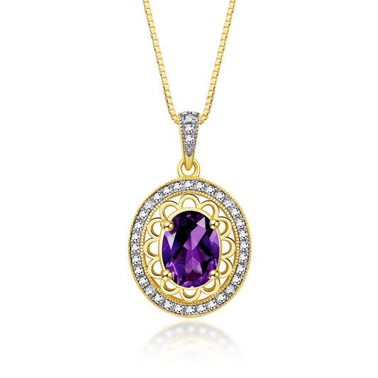 RYLOS Yellow Gold Plated Silver Halo Designer Necklace: Gemstone & Diamond Pendant, 18" Chain, 8X6MM Birthstone, Women's Elegant Jewelry