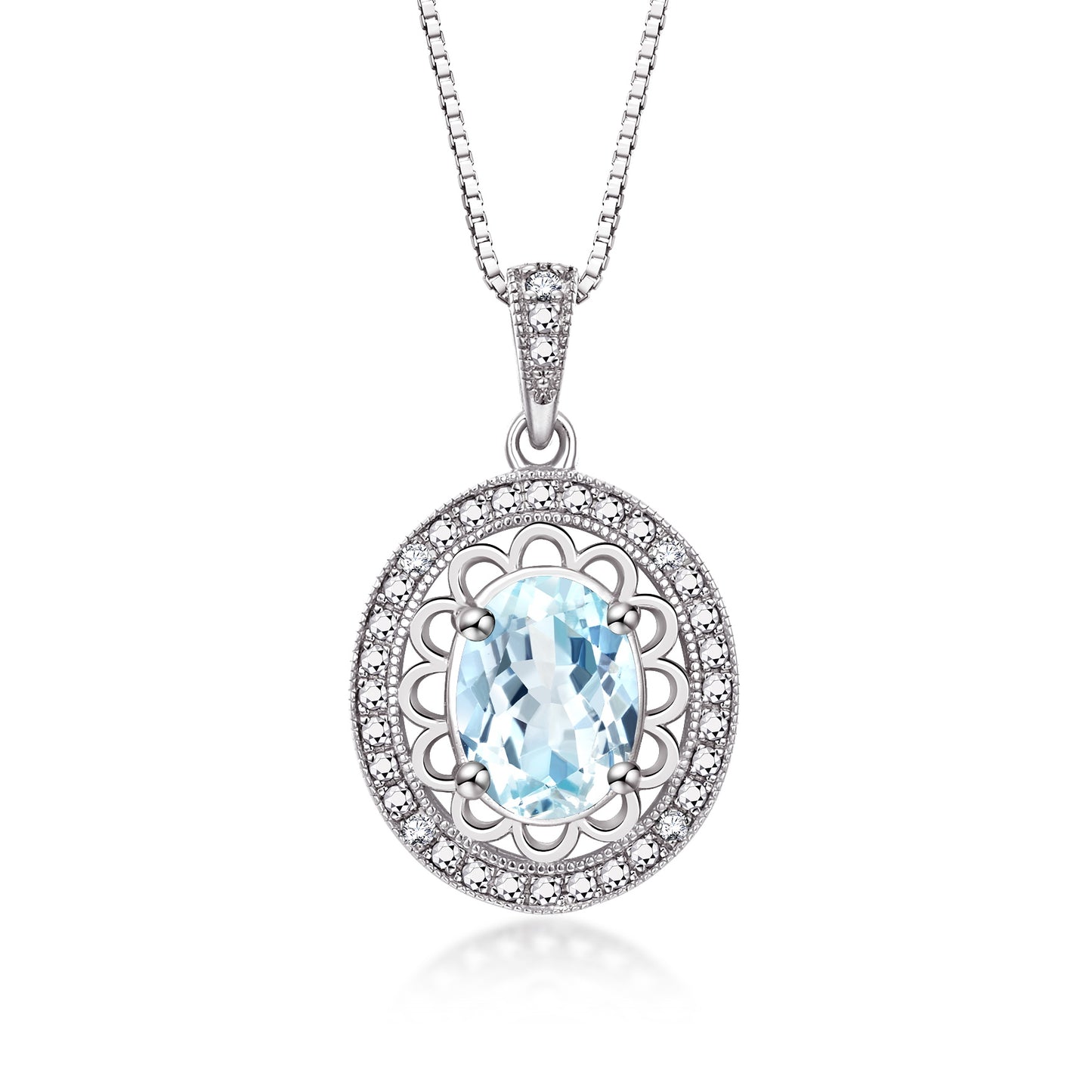 RYLOS 14K White Gold Halo Designer Necklace: Gemstone & Diamond Pendant, 18" Chain, 8X6MM Birthstone, Women's Elegant Jewelry