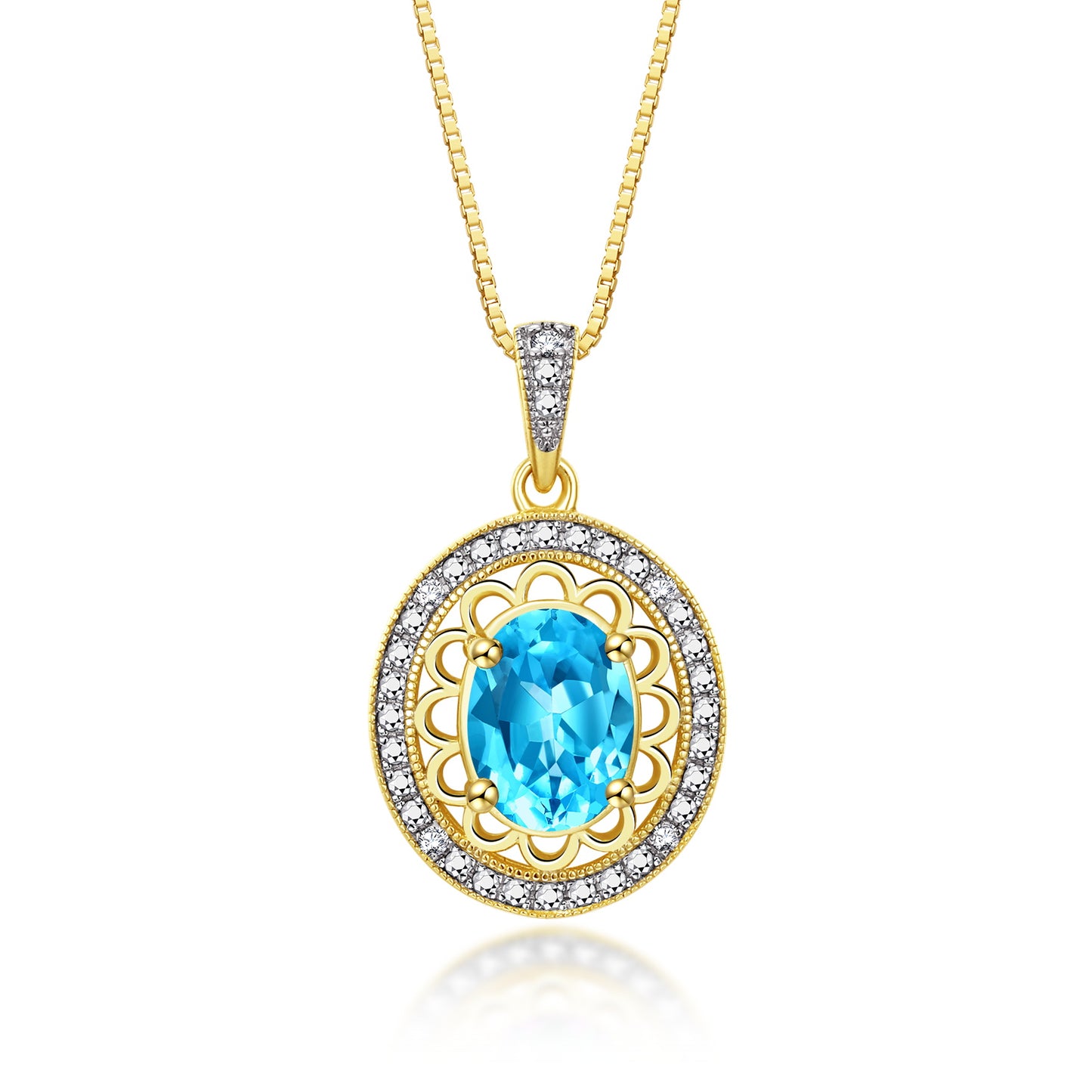 RYLOS Yellow Gold Plated Silver Halo Designer Necklace: Gemstone & Diamond Pendant, 18" Chain, 8X6MM Birthstone, Women's Elegant Jewelry