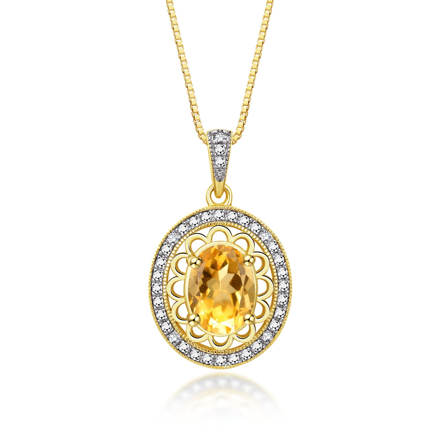 RYLOS Yellow Gold Plated Silver Halo Designer Necklace: Gemstone & Diamond Pendant, 18" Chain, 8X6MM Birthstone, Women's Elegant Jewelry