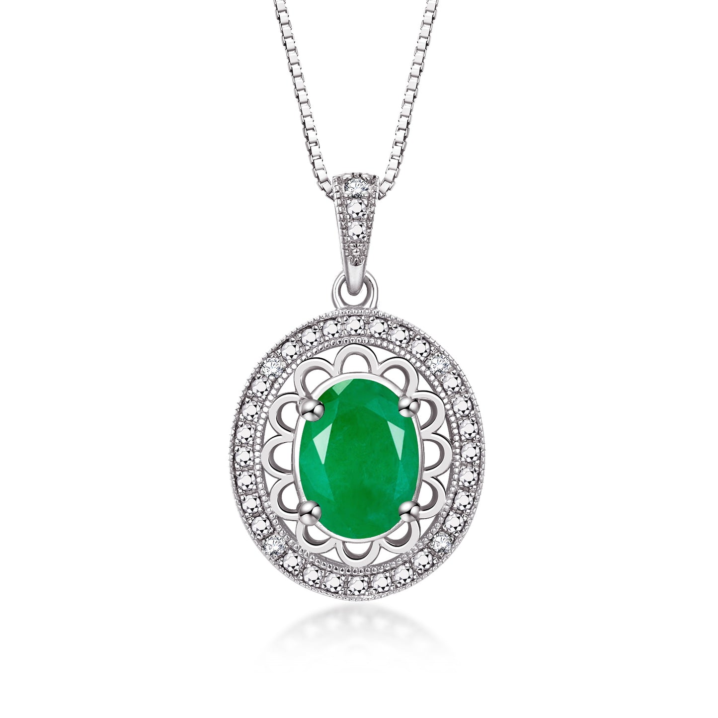 RYLOS 14K White Gold Halo Designer Necklace: Gemstone & Diamond Pendant, 18" Chain, 8X6MM Birthstone, Women's Elegant Jewelry