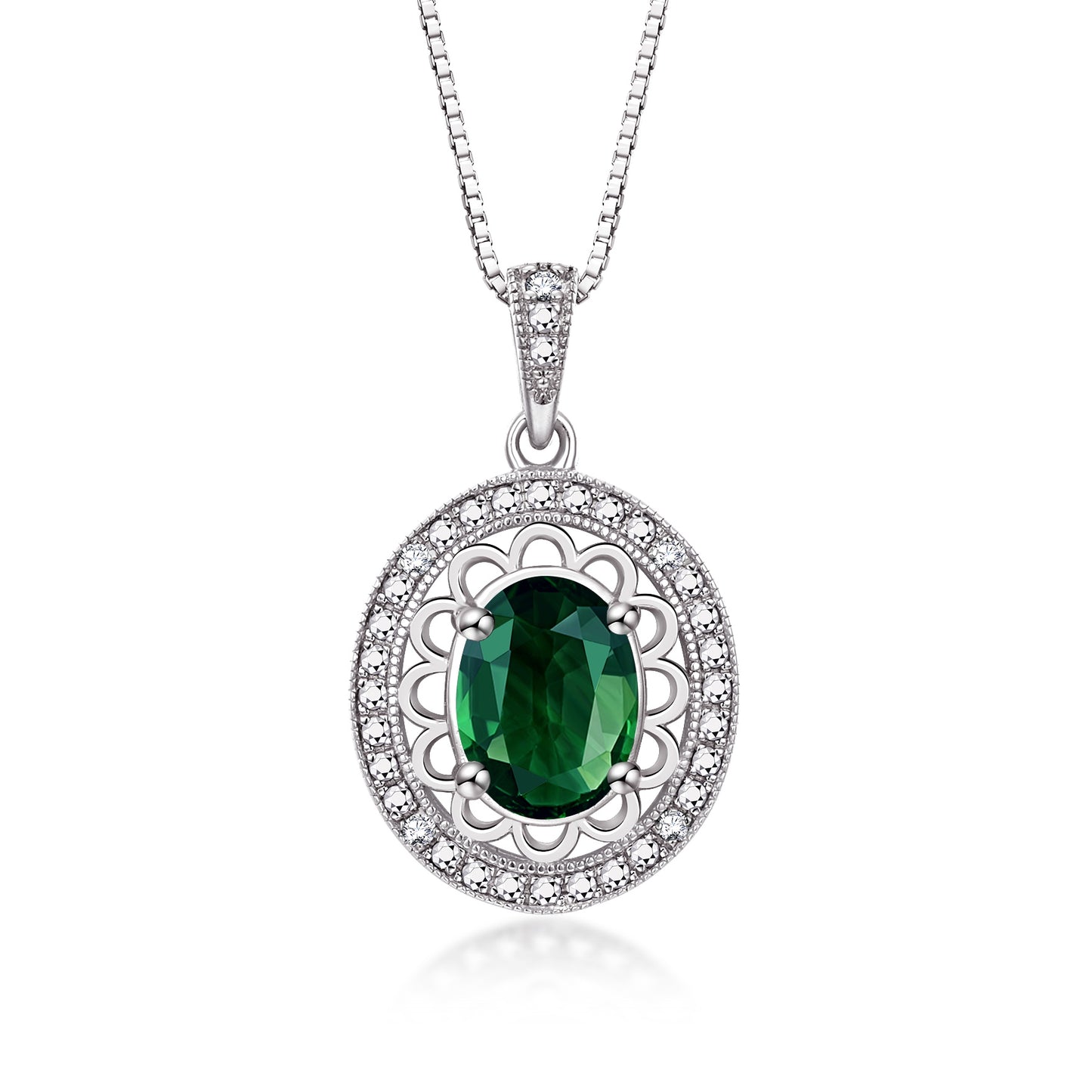 RYLOS Sterling Silver Halo Designer Necklace: Gemstone & Diamond Pendant, 18" Chain, 8X6MM Birthstone, Women's Elegant Jewelry