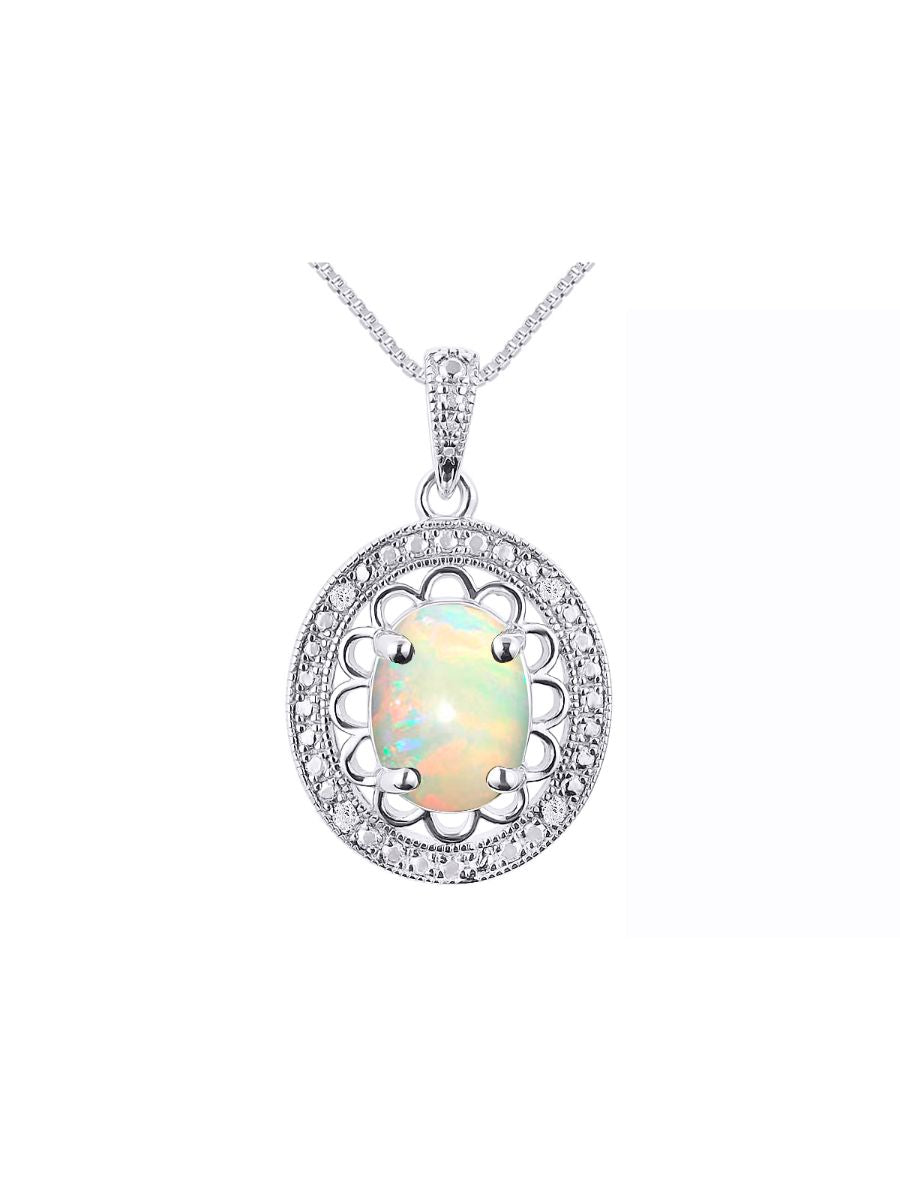 RYLOS Sterling Silver Halo Designer Necklace: Gemstone & Diamond Pendant, 18" Chain, 8X6MM Birthstone, Women's Elegant Jewelry