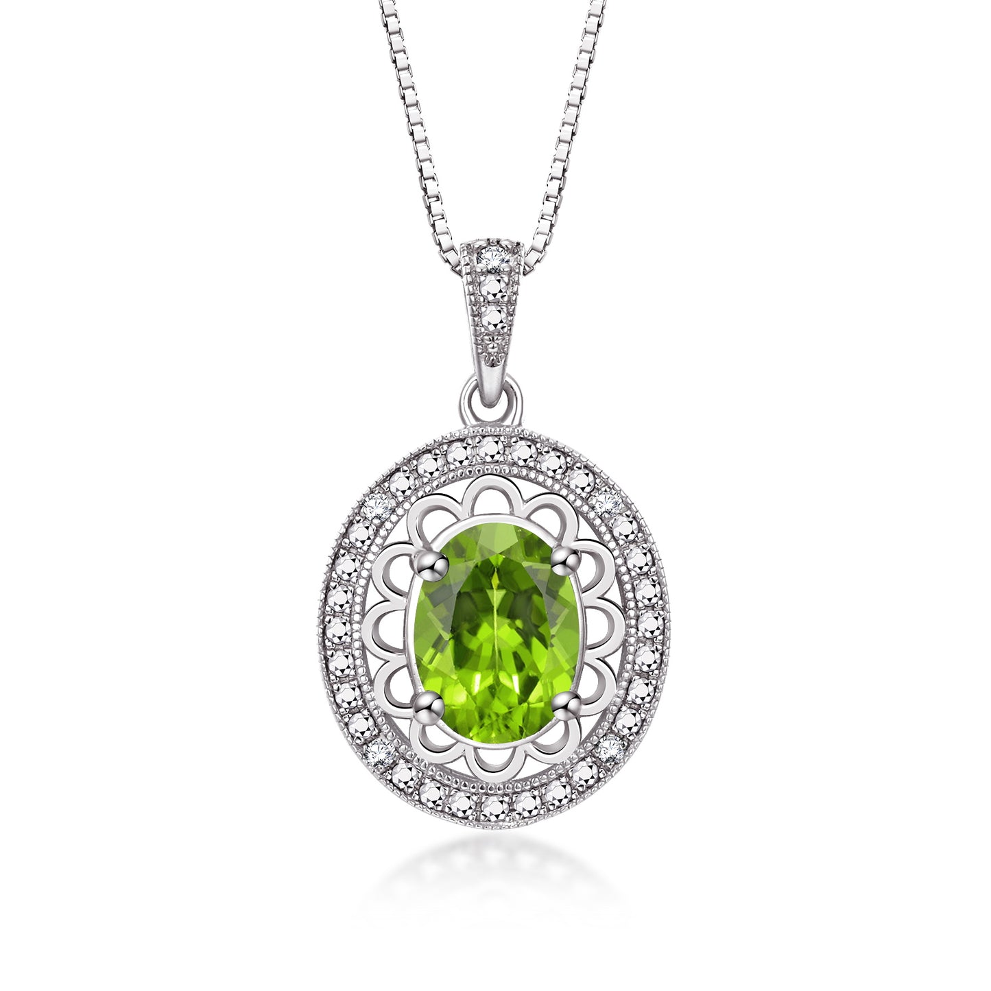RYLOS 14K White Gold Halo Designer Necklace: Gemstone & Diamond Pendant, 18" Chain, 8X6MM Birthstone, Women's Elegant Jewelry