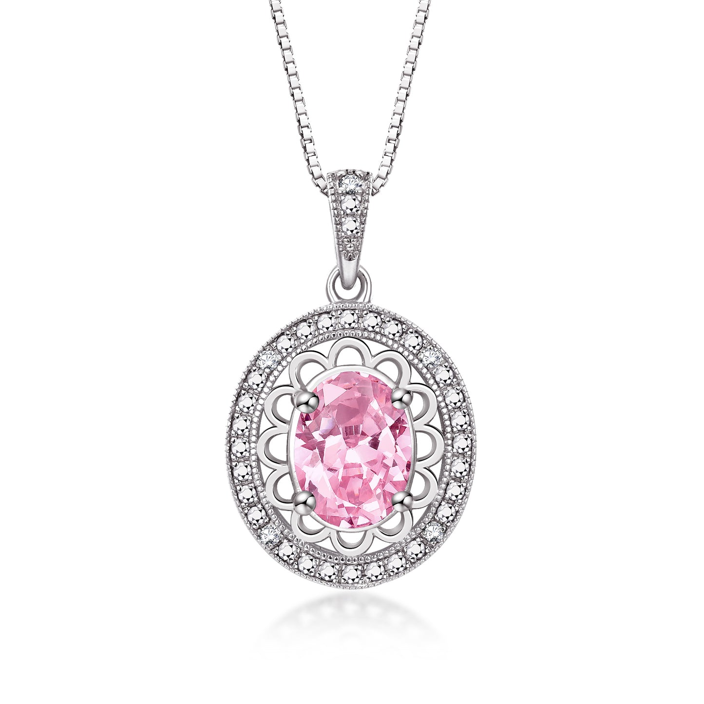 RYLOS 14K White Gold Halo Designer Necklace: Gemstone & Diamond Pendant, 18" Chain, 8X6MM Birthstone, Women's Elegant Jewelry