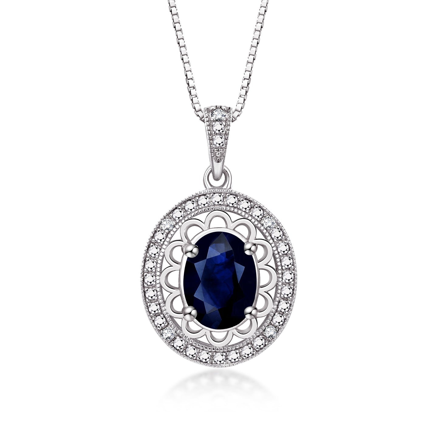RYLOS 14K White Gold Halo Designer Necklace: Gemstone & Diamond Pendant, 18" Chain, 8X6MM Birthstone, Women's Elegant Jewelry