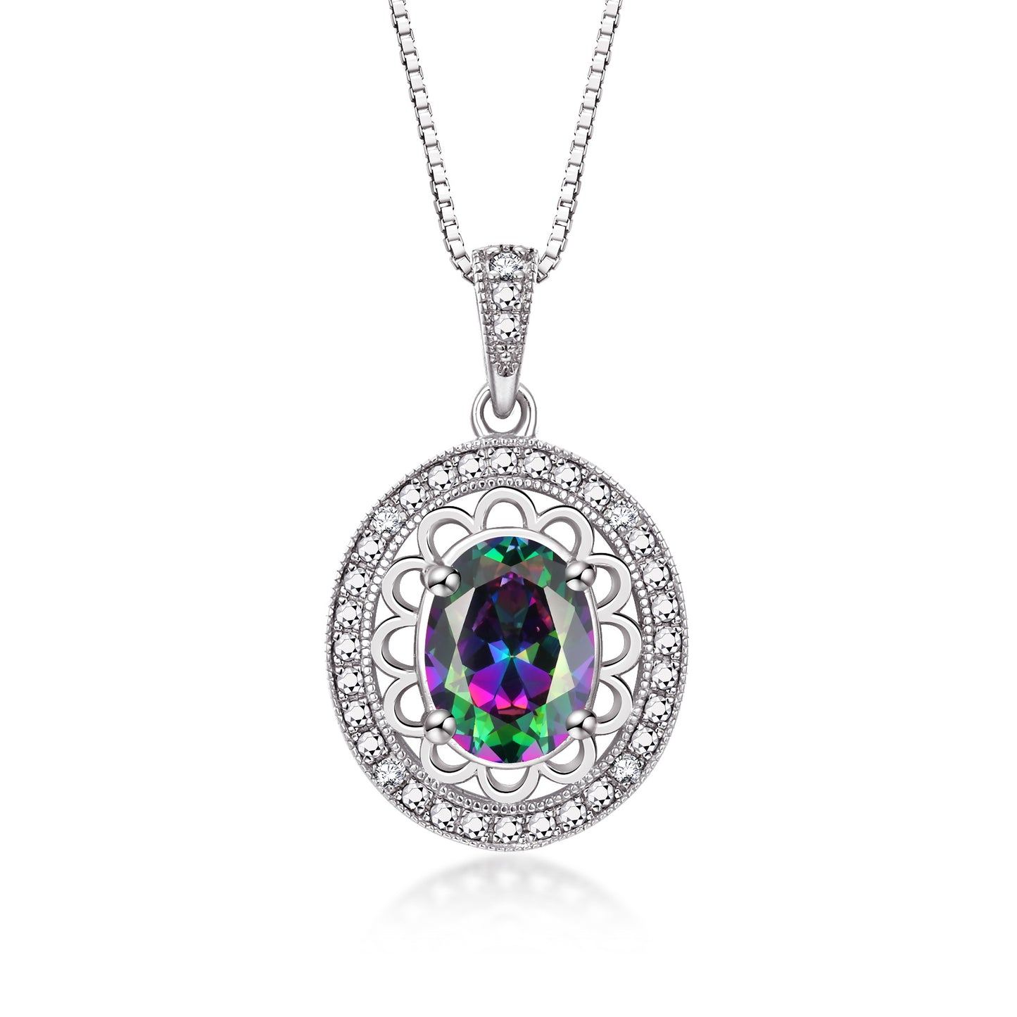 RYLOS Sterling Silver Halo Designer Necklace: Gemstone & Diamond Pendant, 18" Chain, 8X6MM Birthstone, Women's Elegant Jewelry