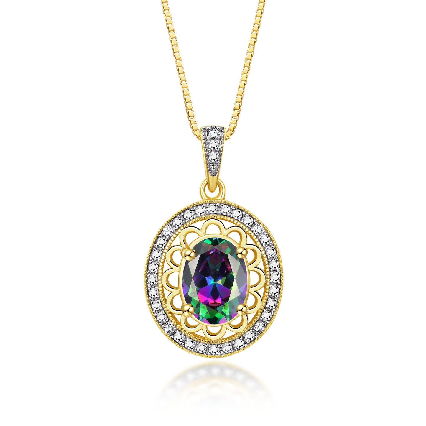 RYLOS Yellow Gold Plated Silver Halo Designer Necklace: Gemstone & Diamond Pendant, 18" Chain, 8X6MM Birthstone, Women's Elegant Jewelry