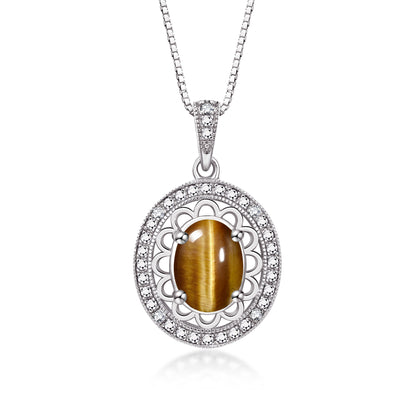 RYLOS 14K White Gold Halo Designer Necklace: Gemstone & Diamond Pendant, 18 inch Chain, 8X6MM Birthstone, Women's Elegant Jewelry