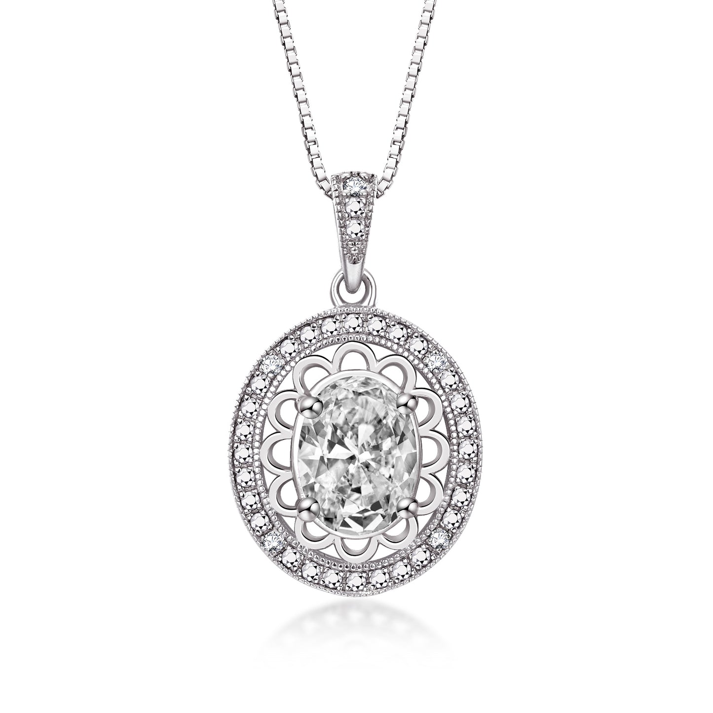 RYLOS 14K White Gold Halo Designer Necklace: Gemstone & Diamond Pendant, 18" Chain, 8X6MM Birthstone, Women's Elegant Jewelry