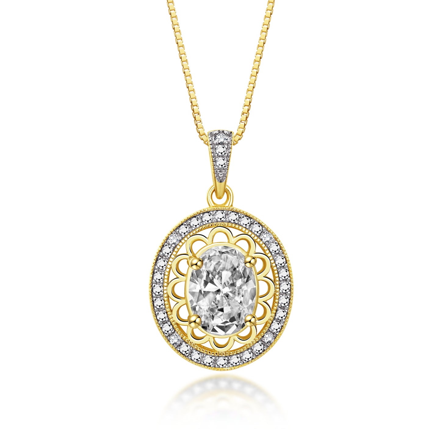 RYLOS Yellow Gold Plated Silver Halo Designer Necklace: Gemstone & Diamond Pendant, 18" Chain, 8X6MM Birthstone, Women's Elegant Jewelry